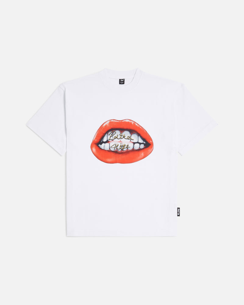 White Patta T-shirt with a large premium photo printed smile artwork