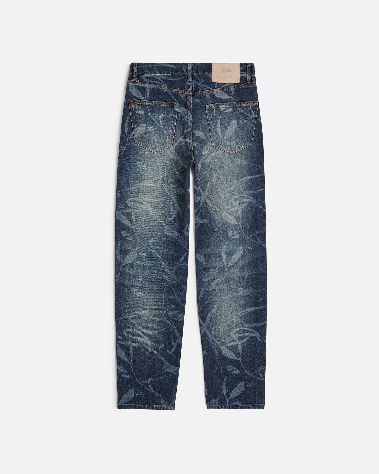 Patta Leaves Laser Print Denim Pants (Blue Denim )