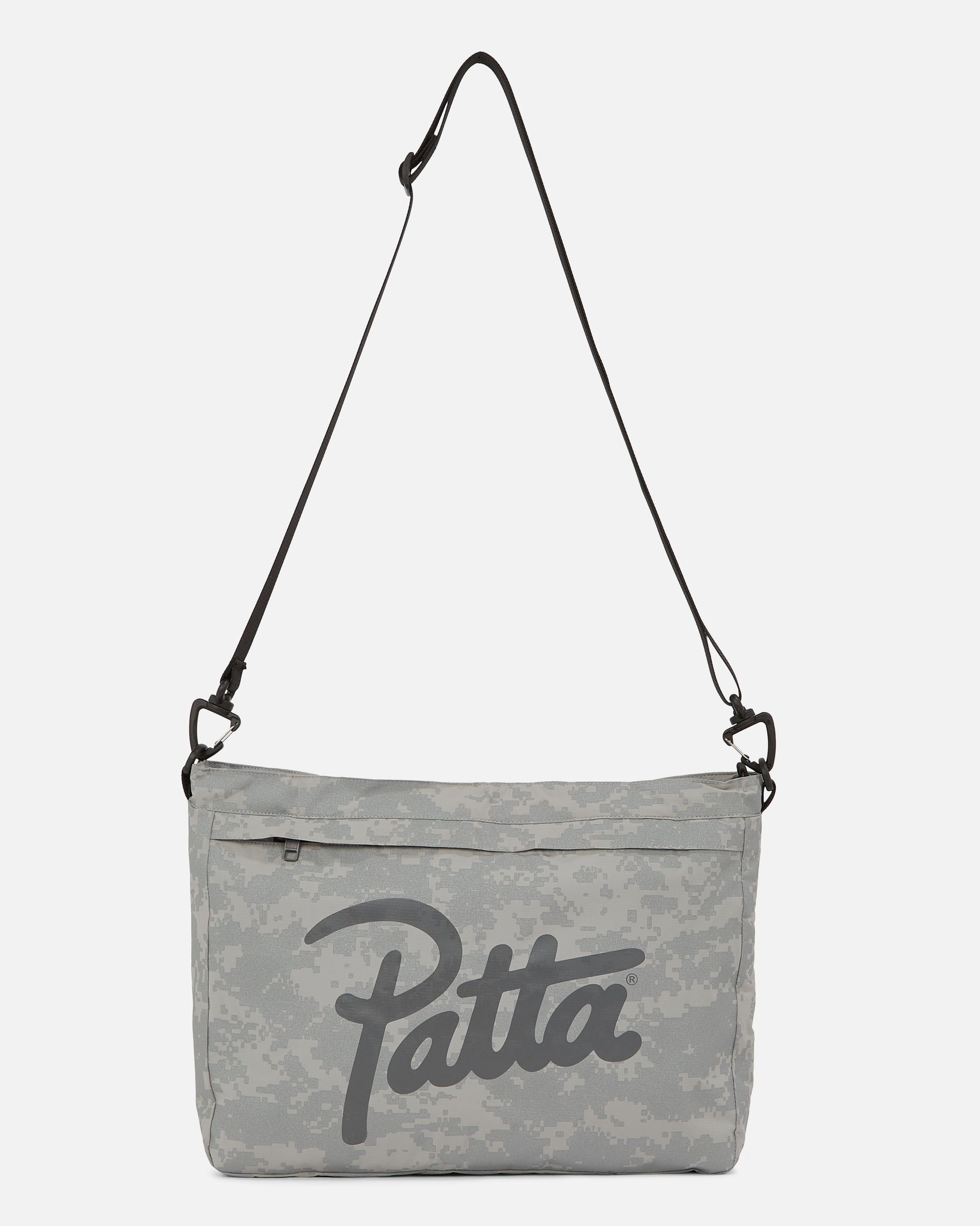 Patta shoulder bag with reflective grey digital camouflage pattern and Patta script logo