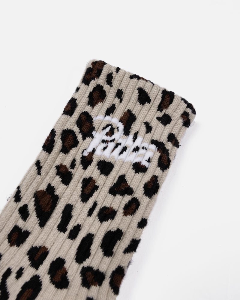 Close up of the Patta script logo on the Patta leopard script logo socks