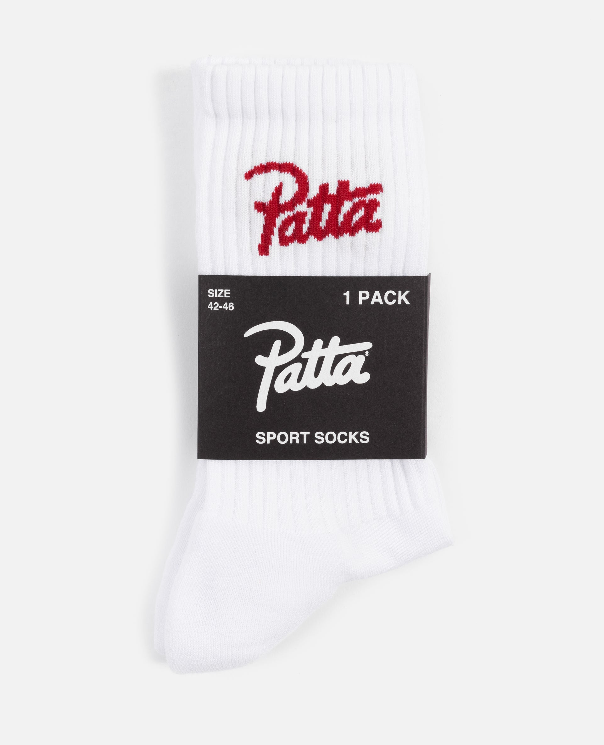 White Patta sports socks with haute red patta script logo