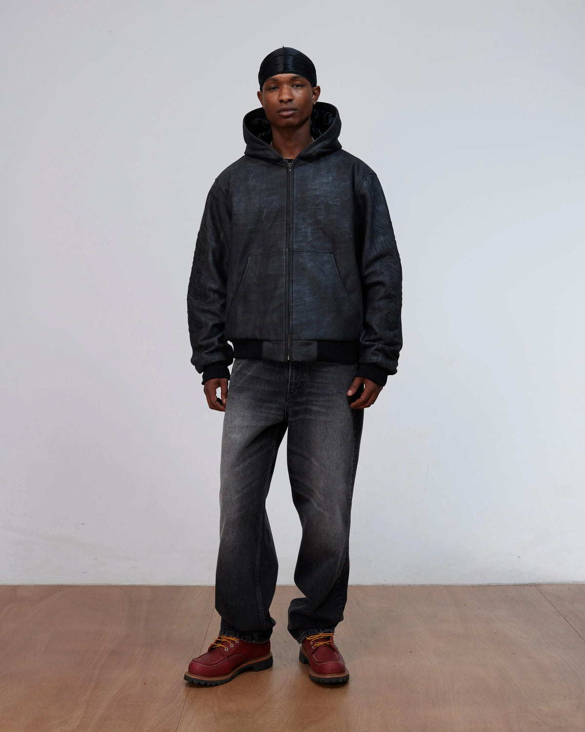 Patta Leather Hooded Bomber Jacket (Black) Patta