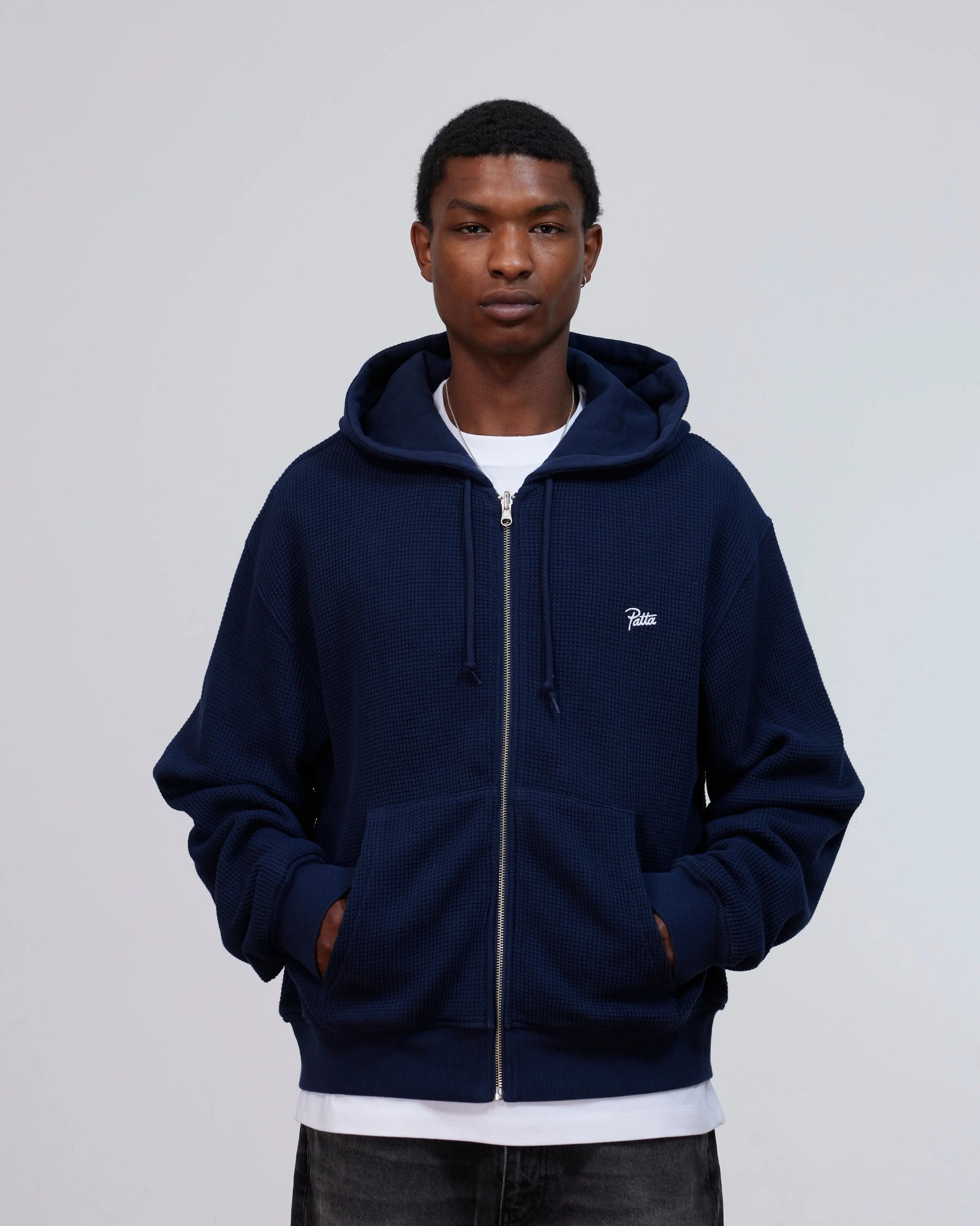Patta Waffle Reversible Zip Up Hooded Sweater (Black Iris) Patta