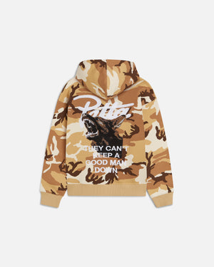 Patta camo-print hoodie with embroidered bark graphic, white logo, and 'They Can't Keep a Good Man Down' text on the back.