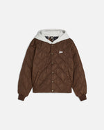 fornt image of the brown side of the reversible leopard bomer jacket showing the quilted panelling and patta script logo