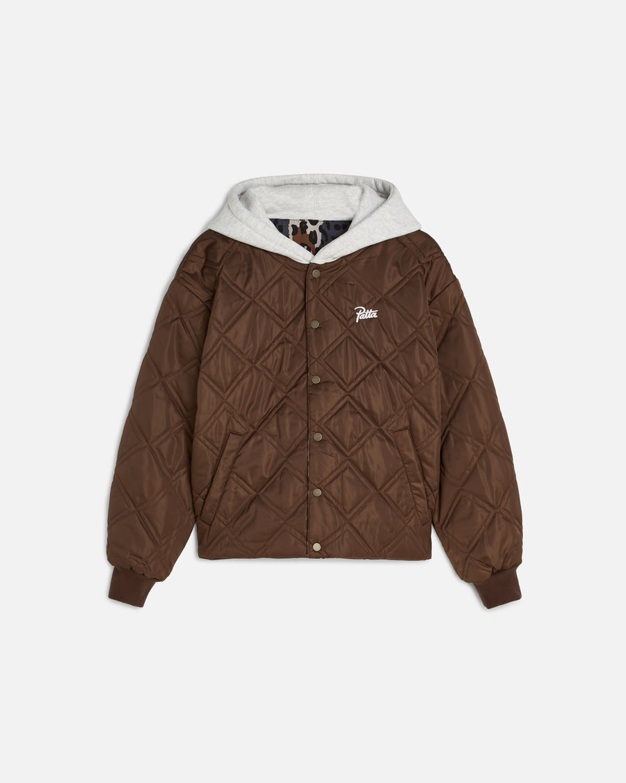 fornt image of the brown side of the reversible leopard bomer jacket showing the quilted panelling and patta script logo