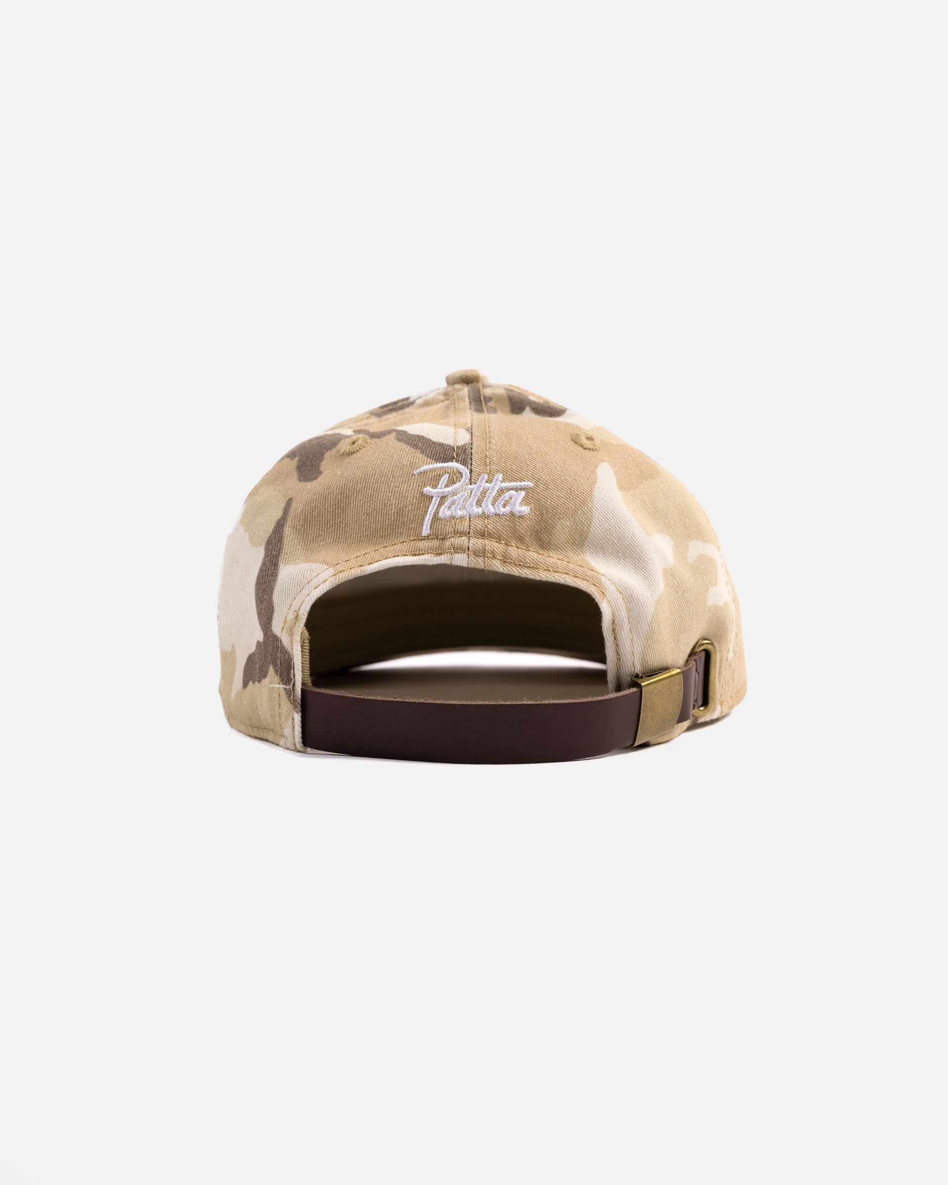 Back shot showing the closure of the frayed woodland camo sports cap