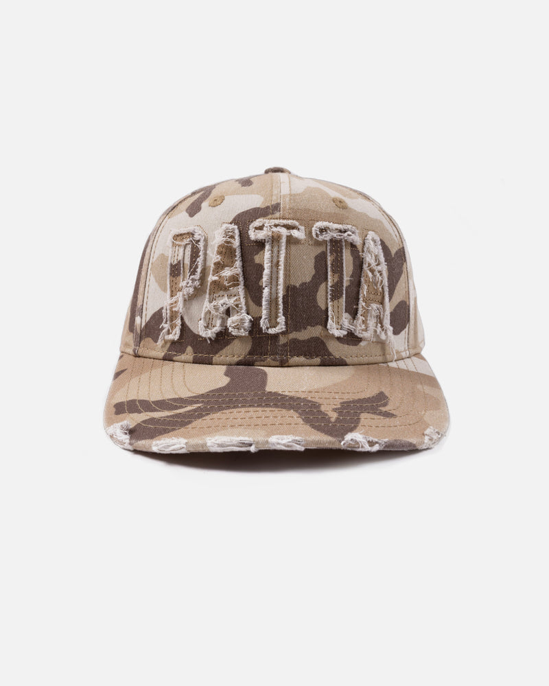 front shot of the frayed woodland camo sports cap