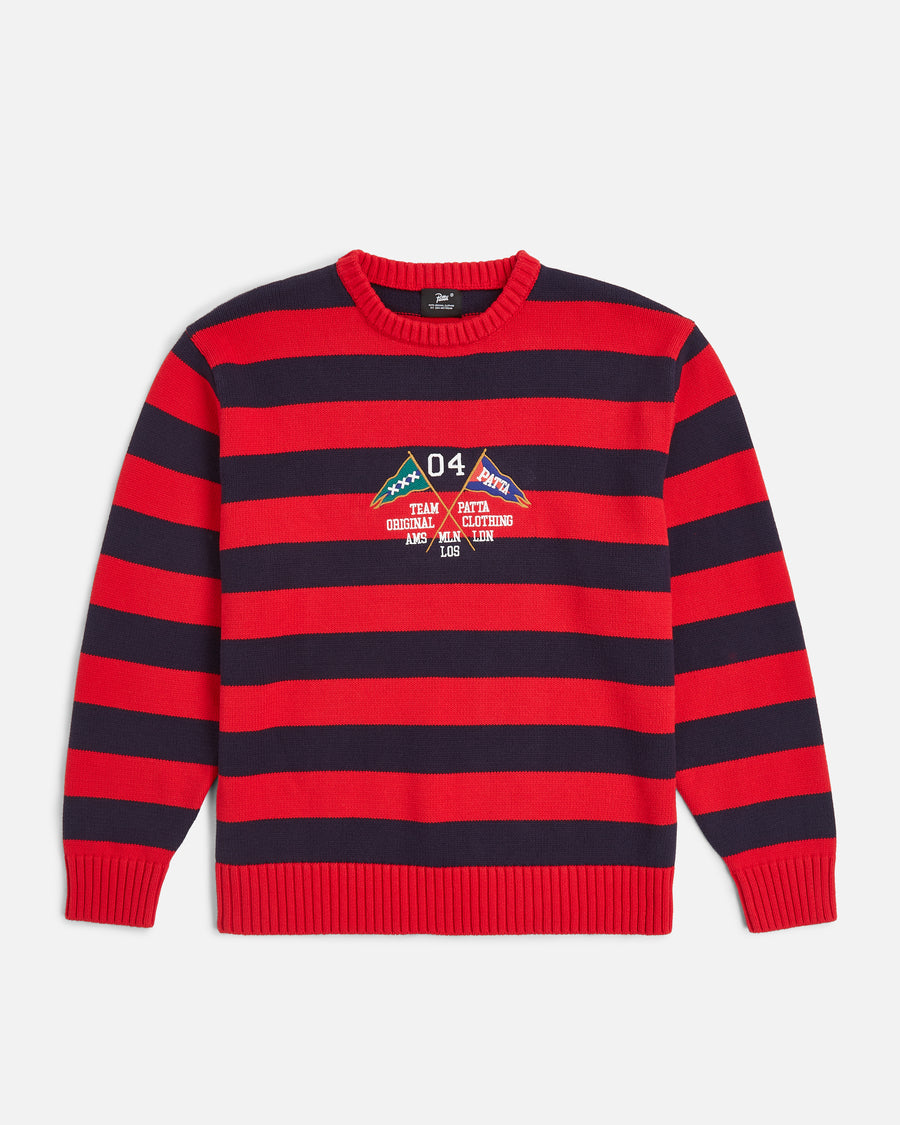 front shot of the striped flag knit