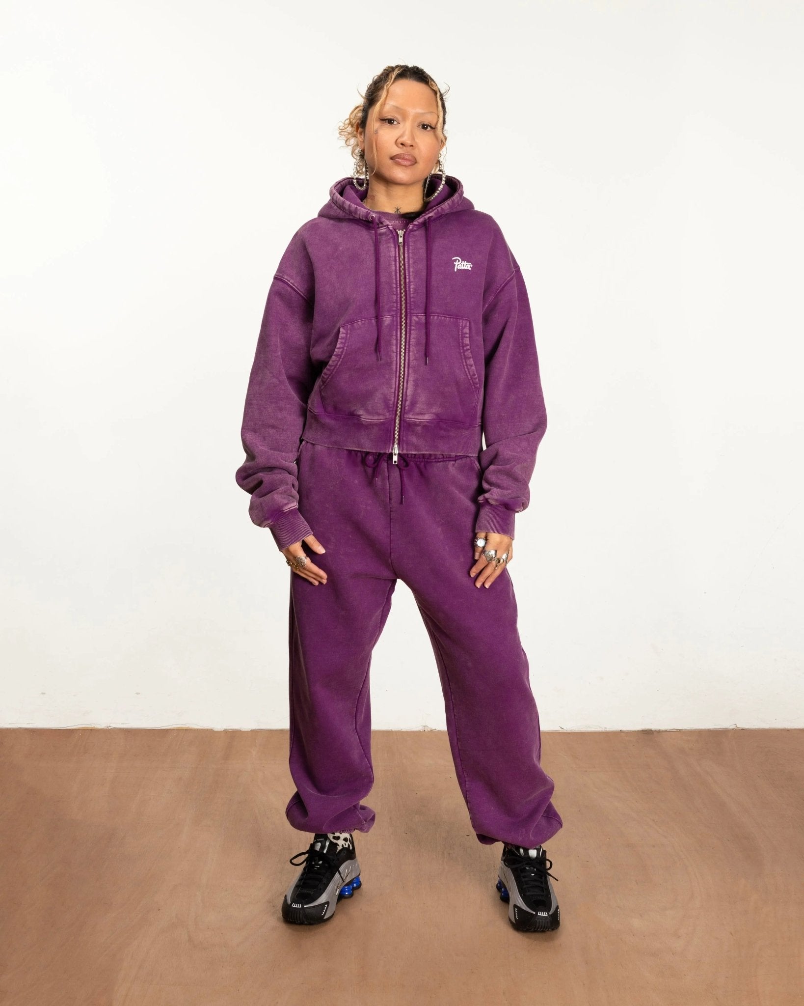 Femme Acid Wash Cropped Zip-Up Hooded Sweater (Dark Purple ) - – Patta