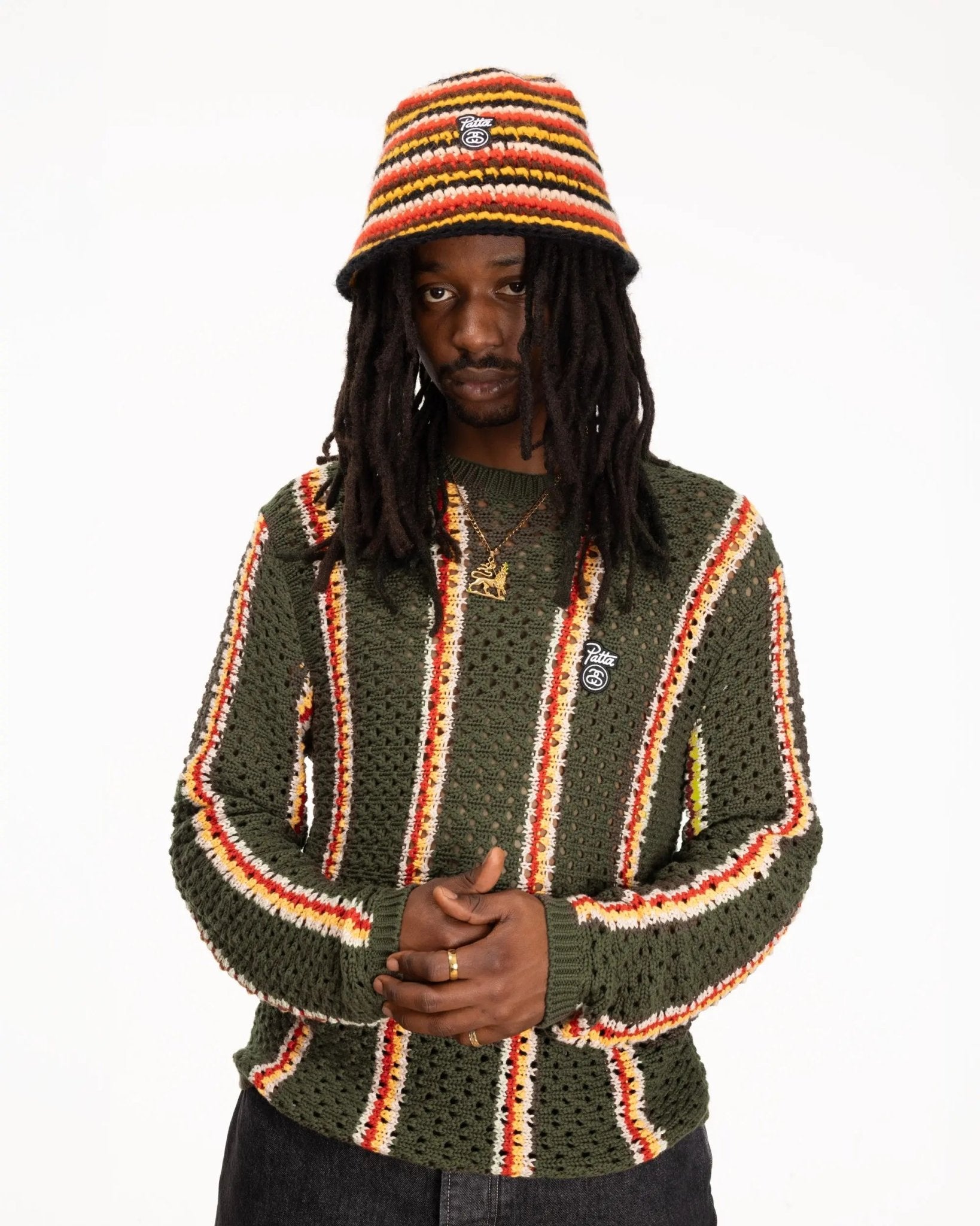 トップス STUSSY PATTA STRIPED LOOSE GAUGE SWEATER Patta x Stussy Stripe Loose Gauge Crewneck Sweater (Olive) - Patta