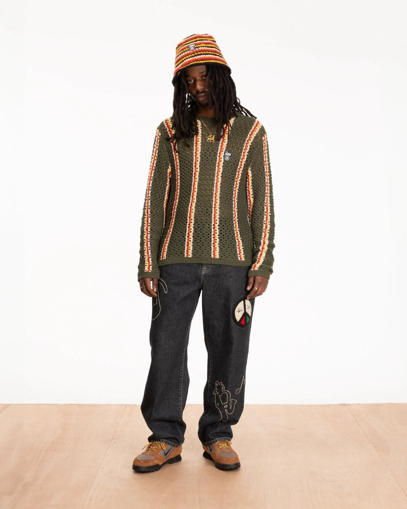 Patta x Stussy Stripe Loose Gauge Crewneck Sweater (Olive) - Patta