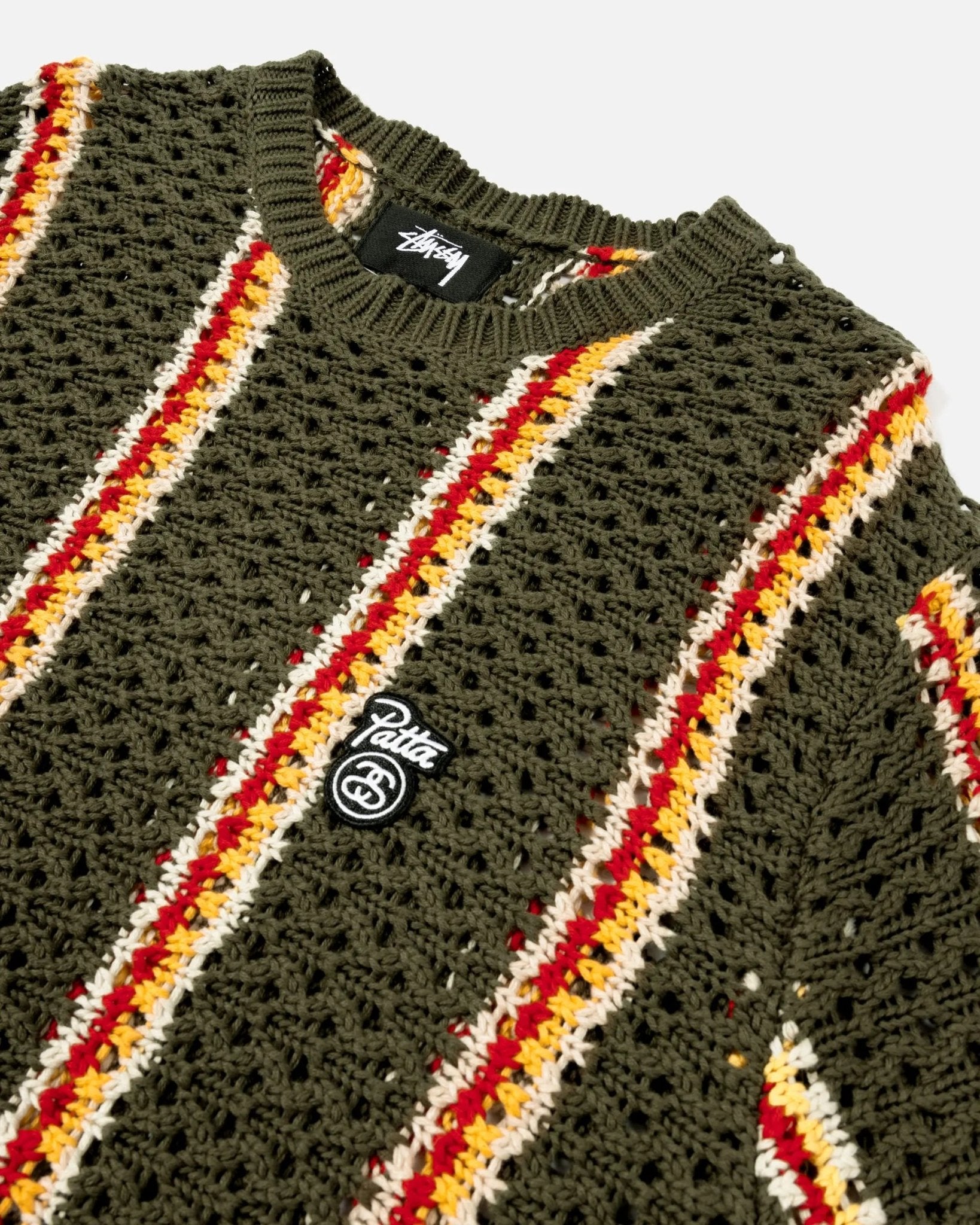Patta x Stussy Stripe Loose Gauge Crewneck Sweater (Olive) - Patta