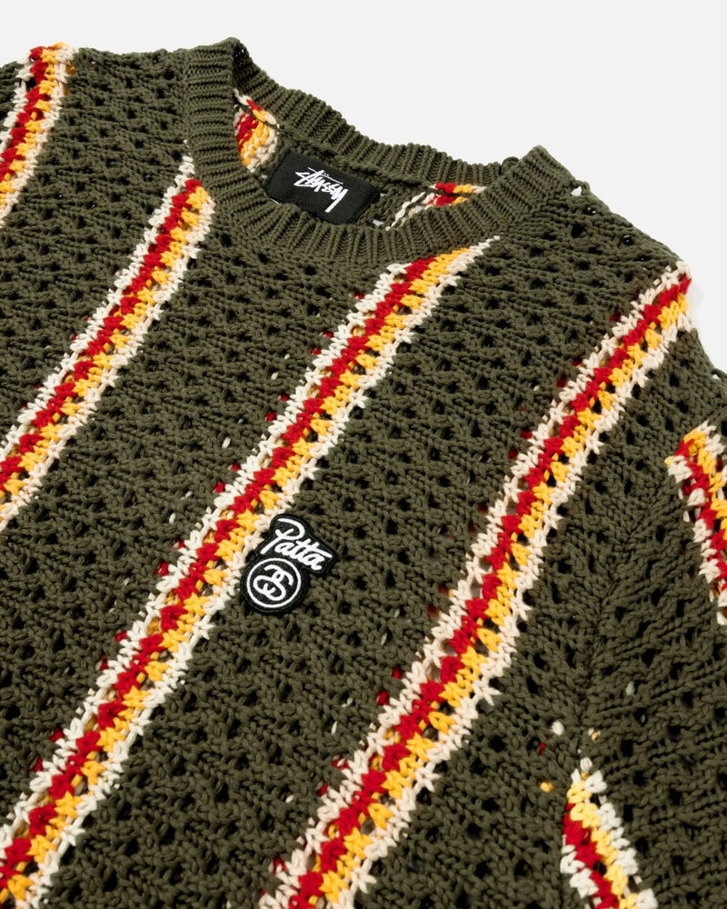 Patta x Stussy Stripe Loose Gauge Crewneck Sweater (Olive) - Patta